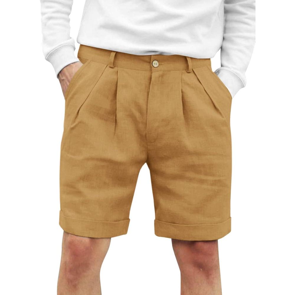 imageRuncati Mens Cotton Linen Flat Front Shorts Button Up Closure Elastic Waist Regular Fit Summer Beach Shorts