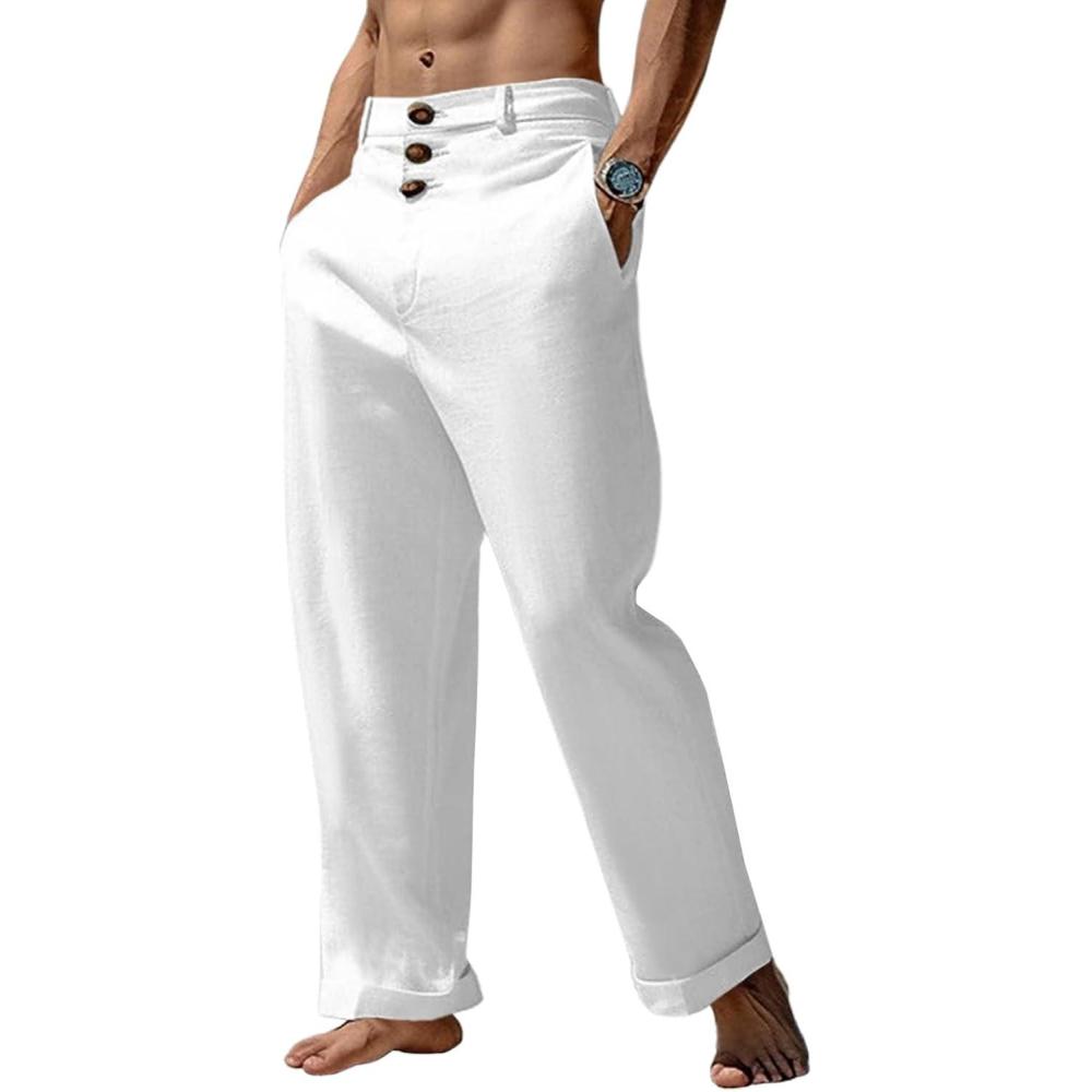 imageRuncati Mens Cotton Linen Pants Elastic Waist Casual Lightweight Loose Fit Beach Yoga PantsWhite