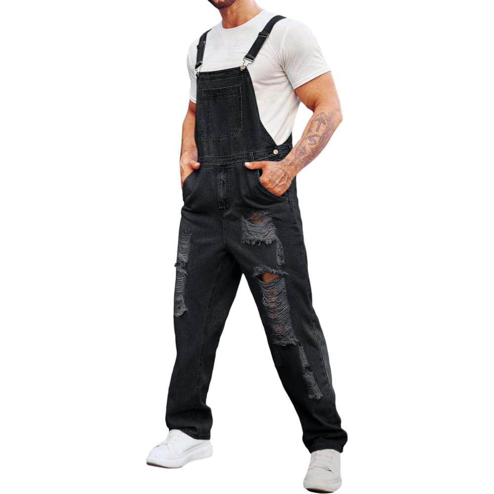 imageRuncati Mens Denim Bib Overall Jean Romper Trousers Adjustable Strap Workwear Slim Fit JumpsuitBblack