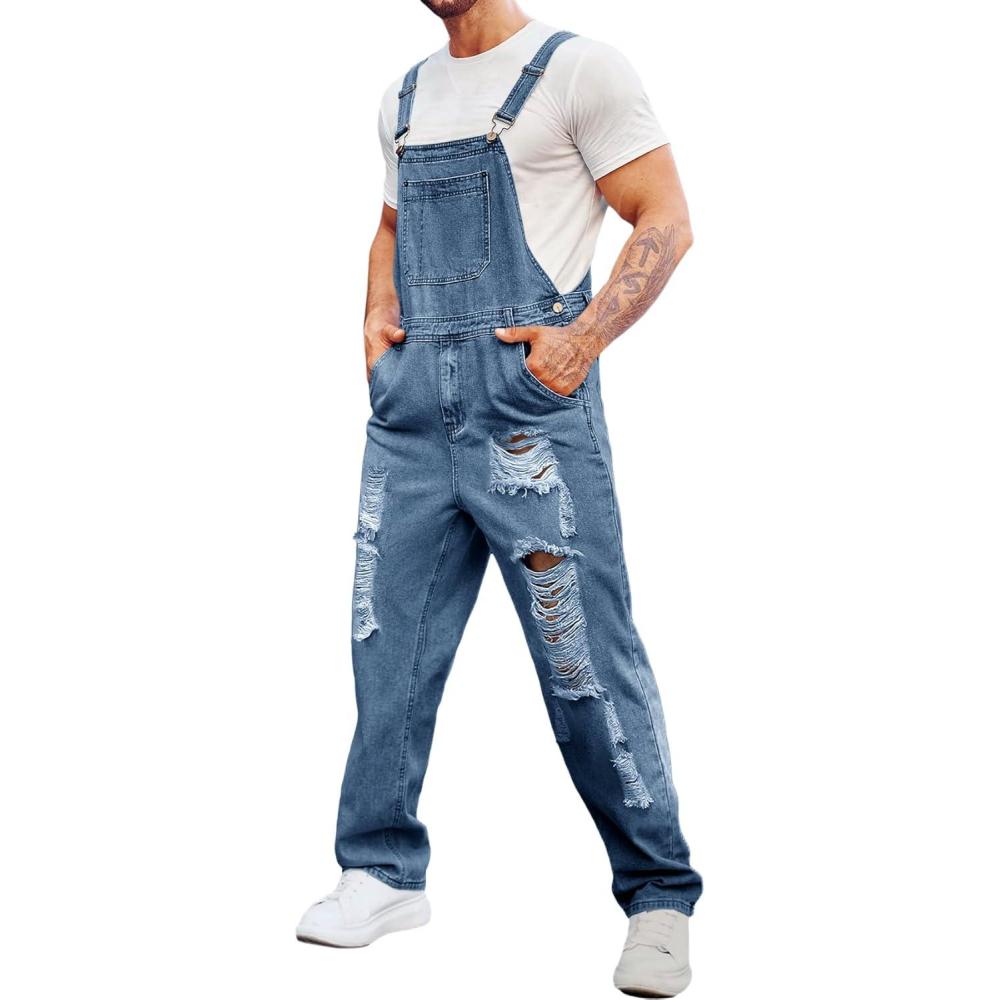 imageRuncati Mens Denim Bib Overall Jean Romper Trousers Adjustable Strap Workwear Slim Fit JumpsuitBblue