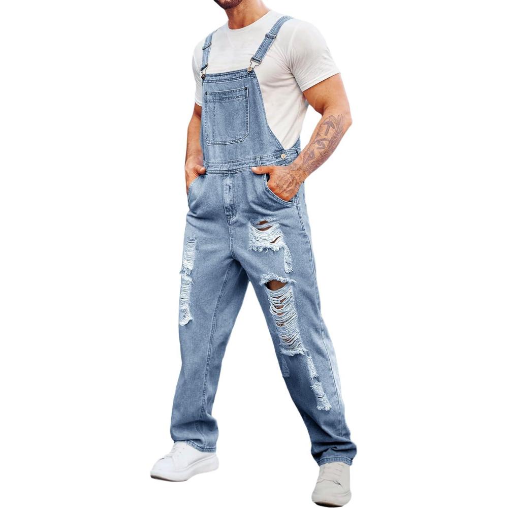 imageRuncati Mens Denim Bib Overall Jean Romper Trousers Adjustable Strap Workwear Slim Fit JumpsuitBlight Blue