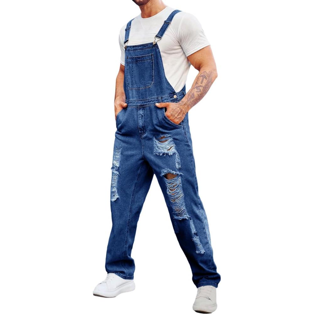 imageRuncati Mens Denim Bib Overall Jean Romper Trousers Adjustable Strap Workwear Slim Fit JumpsuitBnavy Blue