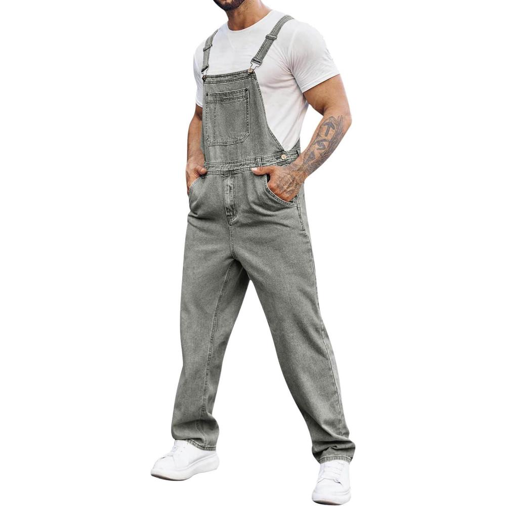 imageRuncati Mens Denim Bib Overall Jean Romper Trousers Adjustable Strap Workwear Slim Fit JumpsuitGrey