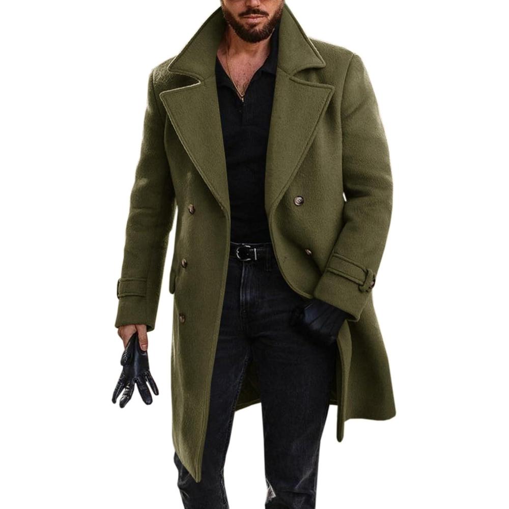 imageRuncati Mens Double Breasted Trench Coat Mid Long Jacket Notched Lapel Winter Chunky Warm OvercoatArmy Green