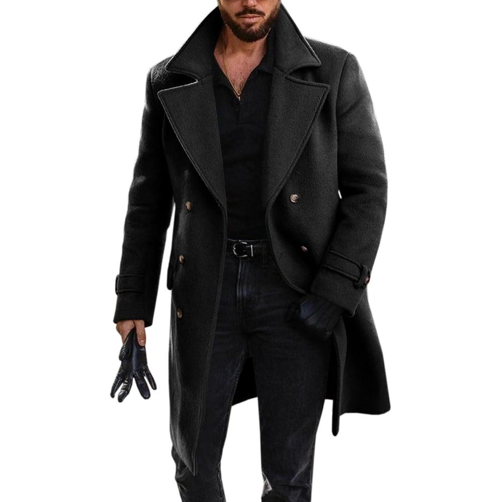 imageRuncati Mens Double Breasted Trench Coat Mid Long Jacket Notched Lapel Winter Chunky Warm OvercoatBlack