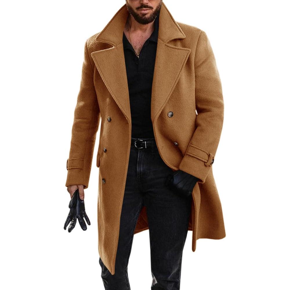 imageRuncati Mens Double Breasted Trench Coat Mid Long Jacket Notched Lapel Winter Chunky Warm OvercoatBrown