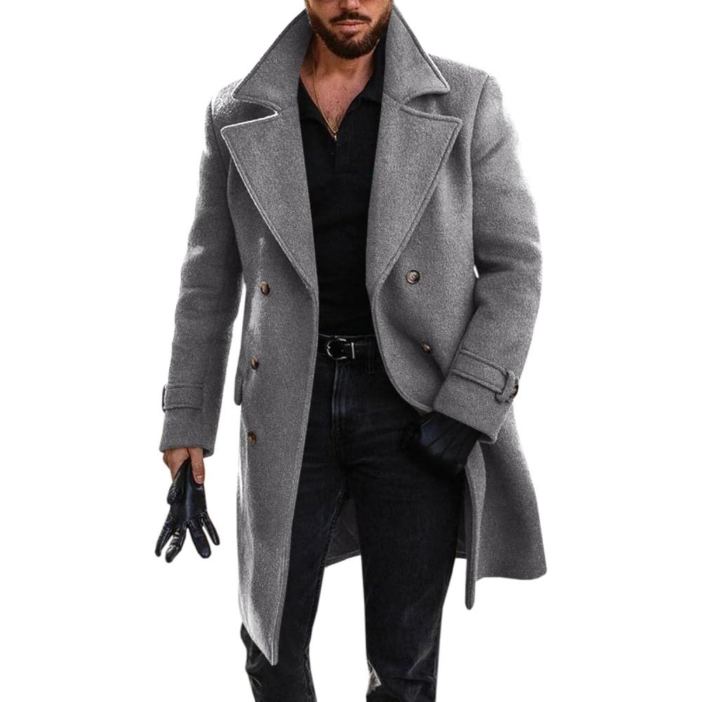 imageRuncati Mens Double Breasted Trench Coat Mid Long Jacket Notched Lapel Winter Chunky Warm OvercoatGrey