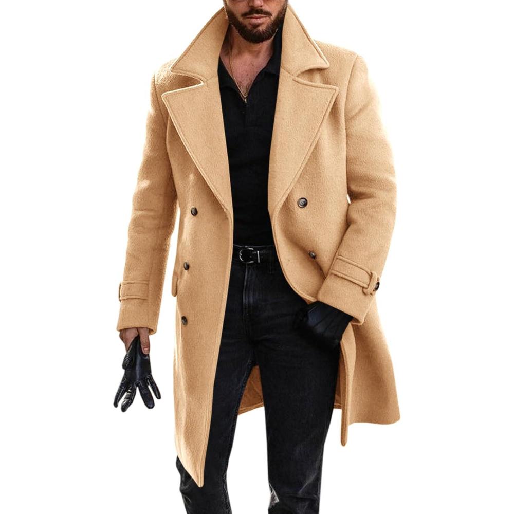 imageRuncati Mens Double Breasted Trench Coat Mid Long Jacket Notched Lapel Winter Chunky Warm OvercoatKhaki