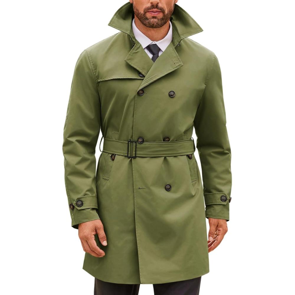 imageRuncati Mens Double Breasted Trench Coat Notched Lapel Windbreaker Jackets Causal Overcoat With BeltArmy Green