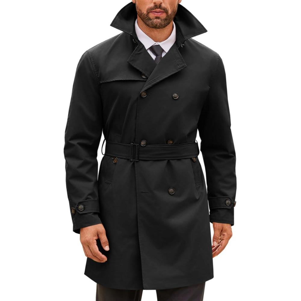 imageRuncati Mens Double Breasted Trench Coat Notched Lapel Windbreaker Jackets Causal Overcoat With BeltBlack