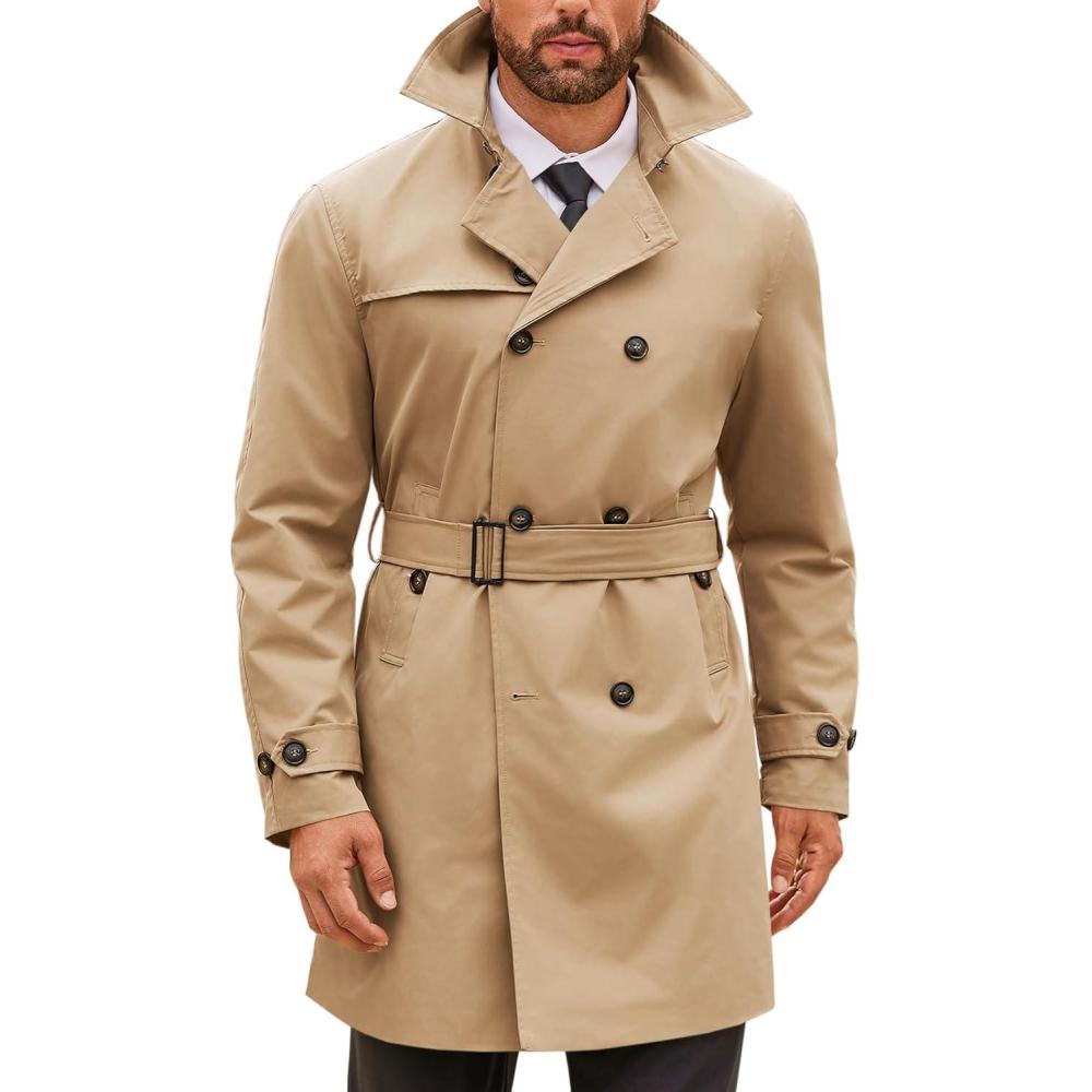 imageRuncati Mens Double Breasted Trench Coat Notched Lapel Windbreaker Jackets Causal Overcoat With BeltKhaki