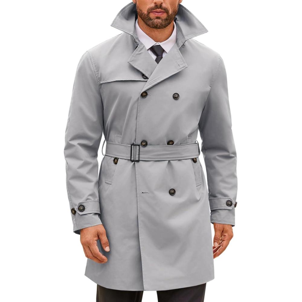 imageRuncati Mens Double Breasted Trench Coat Notched Lapel Windbreaker Jackets Causal Overcoat With BeltLight Grey