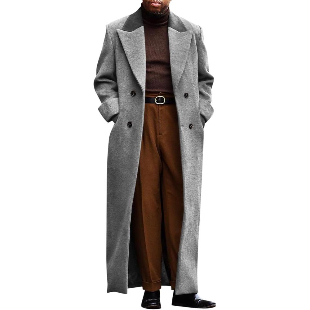 imageRuncati Mens Full Length Trench Coat Notched Lapel Long Jacket Double Breasted Classic Winter OvercoatGrey