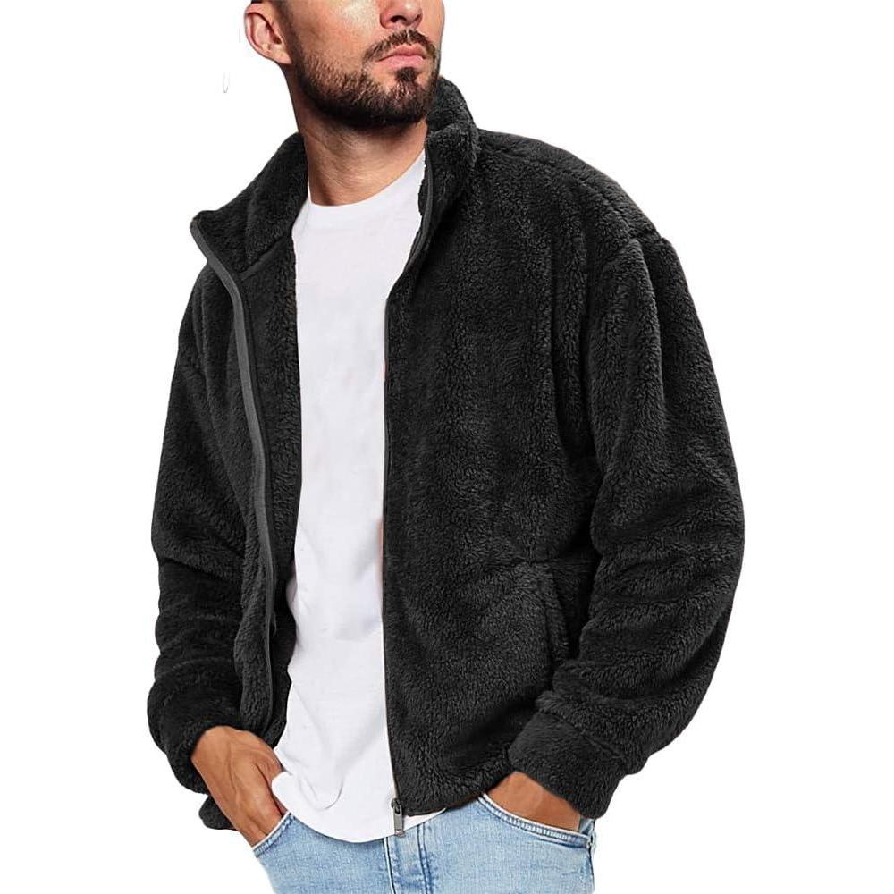 imageRuncati Mens Fuzzy Sherpa Jacket Cardigan Fleece Long Sleeve Full Zip Open Front Thermal Coat Fall Winter OutwearBlack