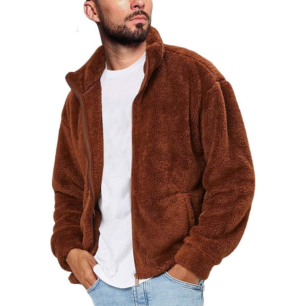 imageRuncati Mens Fuzzy Sherpa Jacket Cardigan Fleece Long Sleeve Full Zip Open Front Thermal Coat Fall Winter OutwearBrown