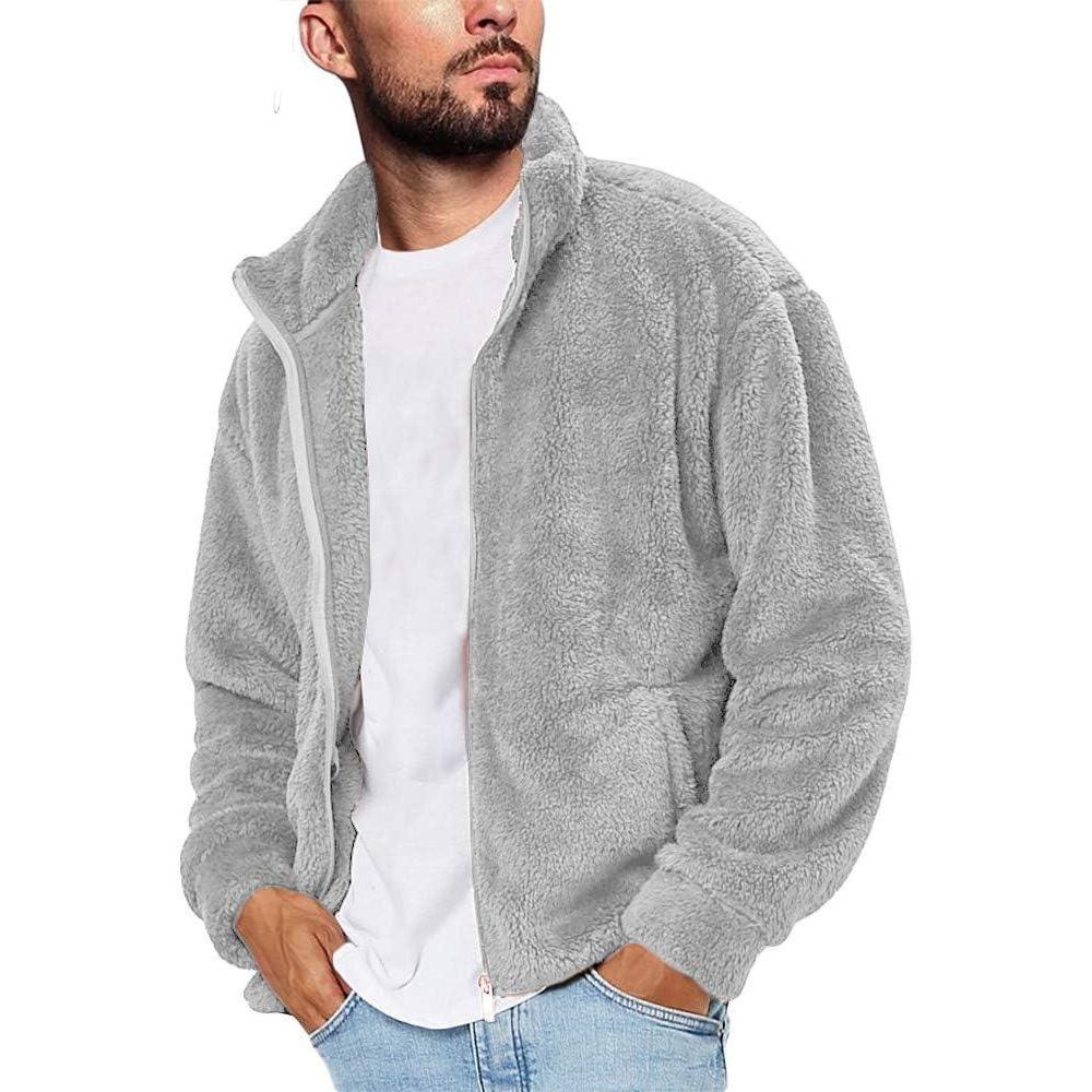 imageRuncati Mens Fuzzy Sherpa Jacket Cardigan Fleece Long Sleeve Full Zip Open Front Thermal Coat Fall Winter OutwearGrey