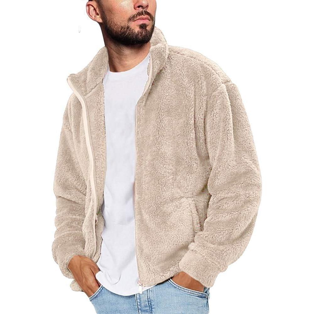 imageRuncati Mens Fuzzy Sherpa Jacket Cardigan Fleece Long Sleeve Full Zip Open Front Thermal Coat Fall Winter OutwearKhaki