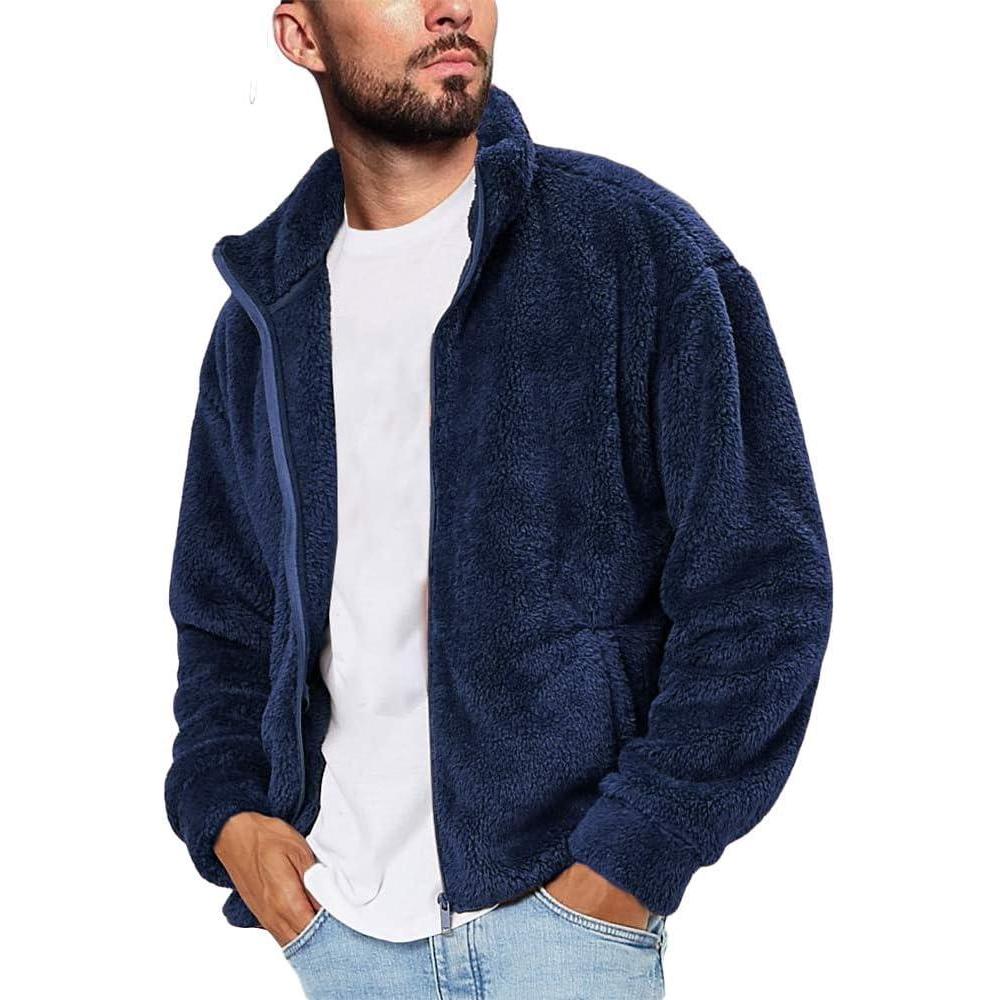 imageRuncati Mens Fuzzy Sherpa Jacket Cardigan Fleece Long Sleeve Full Zip Open Front Thermal Coat Fall Winter OutwearNavy