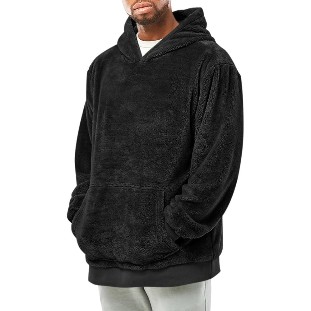 imageRuncati Mens Fuzzy Sherpa Pullover Hoodie Sweatshirts Long Sleeve Kangaroo Pocket Winter Fall Outwear HoodedBlack