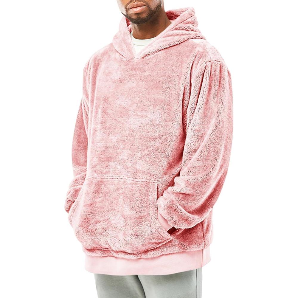 imageRuncati Mens Fuzzy Sherpa Pullover Hoodie Sweatshirts Long Sleeve Kangaroo Pocket Winter Fall Outwear HoodedPink