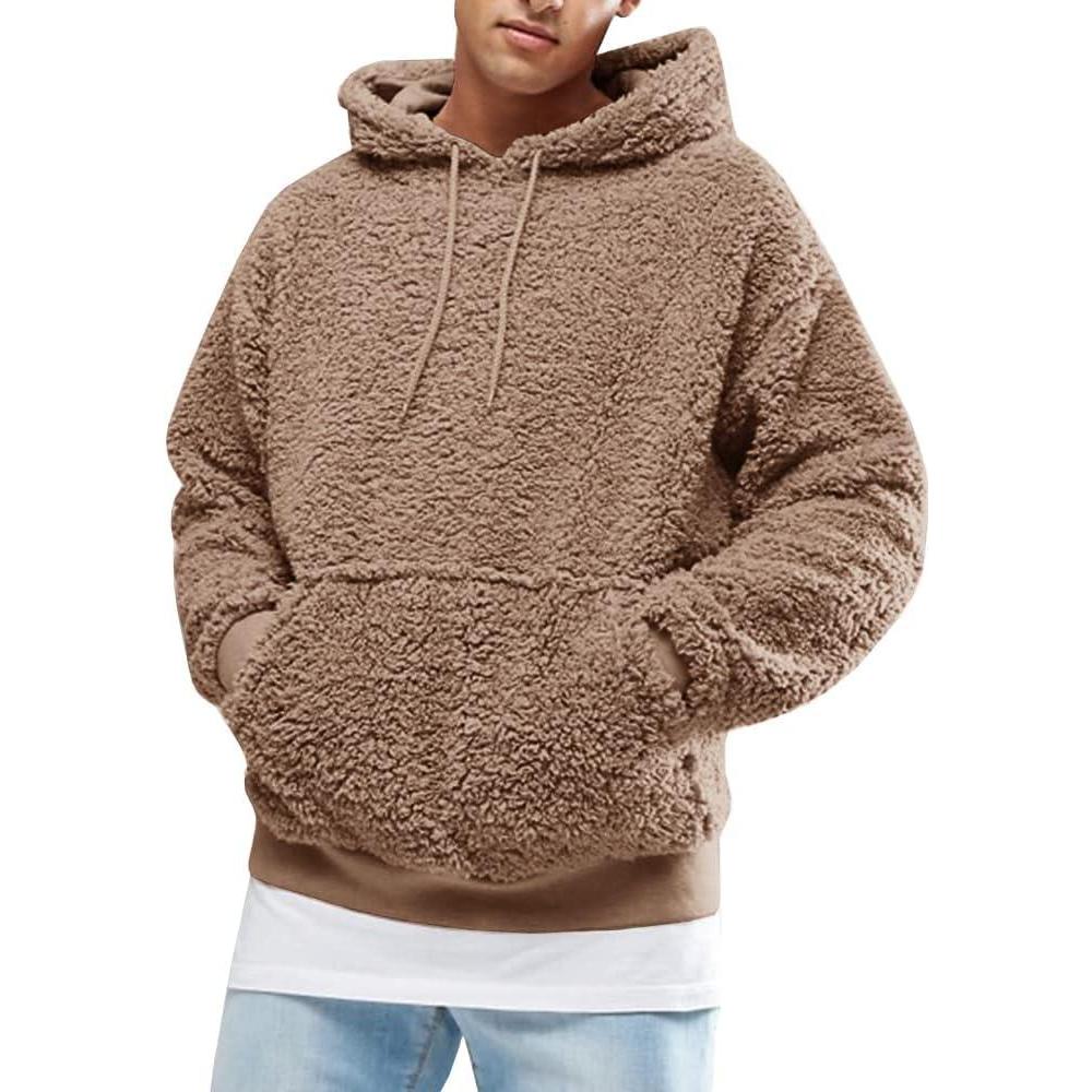 imageRuncati Mens Fuzzy Sherpa Pullover Hoodie Sweatshirts Long Sleeve Sport Front Pocket Military Fall Outwear Winter Hooded01 Brown