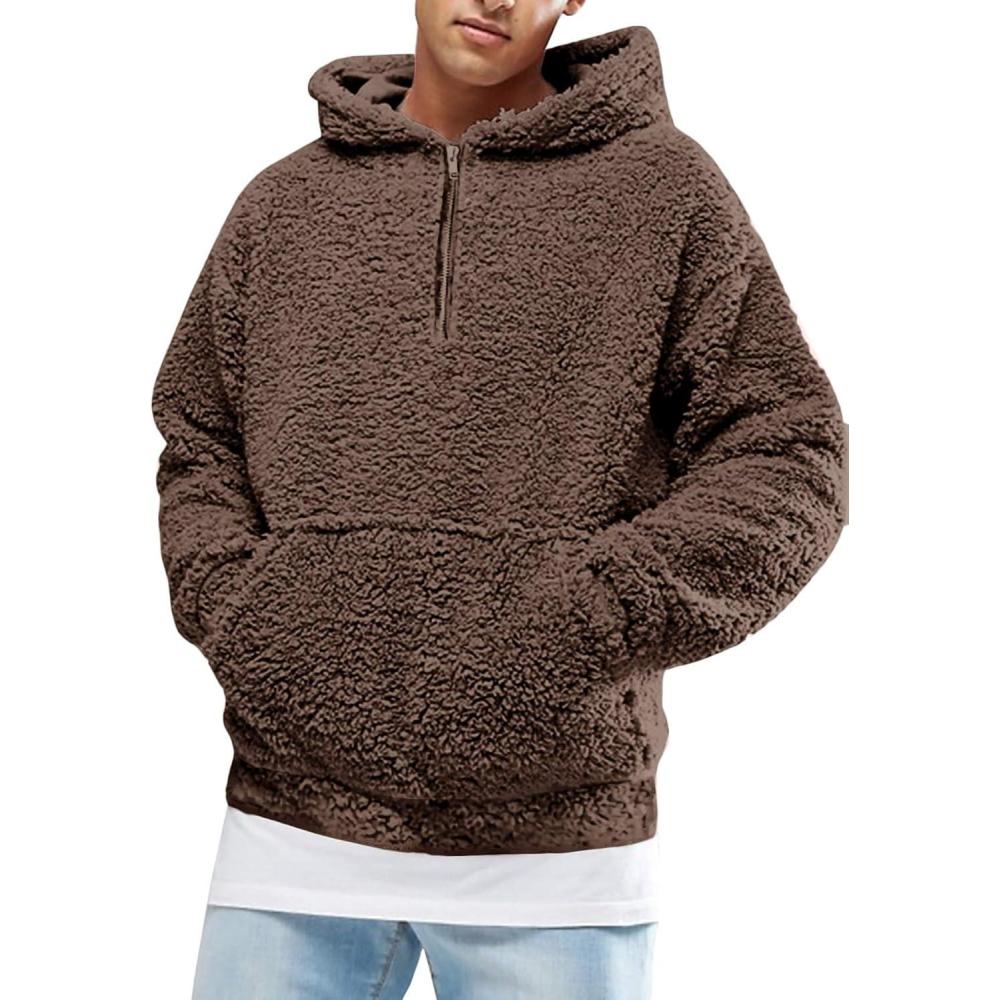 imageRuncati Mens Fuzzy Sherpa Pullover Hoodie Sweatshirts Long Sleeve Sport Front Pocket Military Fall Outwear Winter Hooded02 Brown