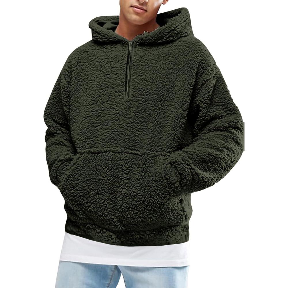 imageRuncati Mens Fuzzy Sherpa Pullover Hoodie Sweatshirts Long Sleeve Sport Front Pocket Military Fall Outwear Winter Hooded02 Green