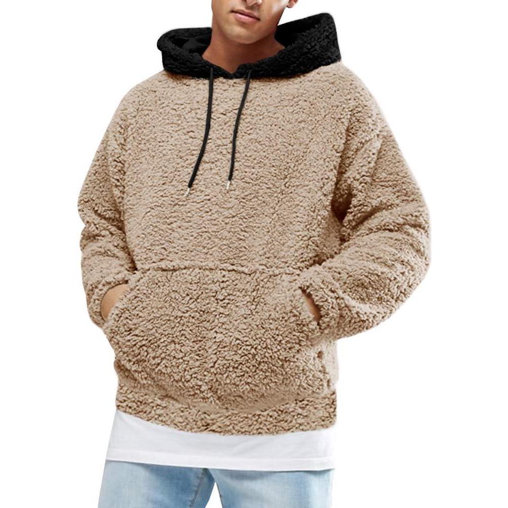imageRuncati Mens Fuzzy Sherpa Pullover Hoodie Sweatshirts Long Sleeve Sport Front Pocket Military Fall Outwear Winter Hooded03 Beige