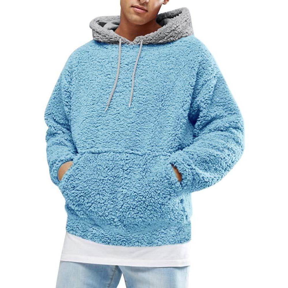 imageRuncati Mens Fuzzy Sherpa Pullover Hoodie Sweatshirts Long Sleeve Sport Front Pocket Military Fall Outwear Winter Hooded03 Blue