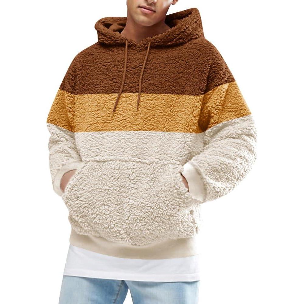 imageRuncati Mens Fuzzy Sherpa Pullover Hoodie Sweatshirts Long Sleeve Sport Front Pocket Military Fall Outwear Winter Hooded06 Brown