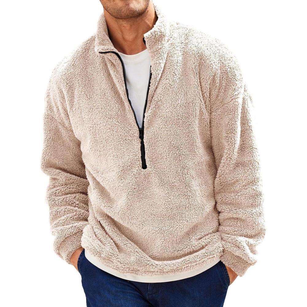 imageRuncati Mens Fuzzy Sherpa Sweatshirt Quarter Zip Pullover Long Sleeve Winter Fall Fleece OutwearApricot