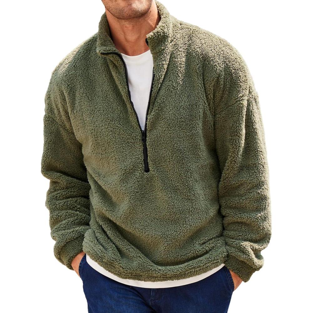 imageRuncati Mens Fuzzy Sherpa Sweatshirt Quarter Zip Pullover Long Sleeve Winter Fall Fleece OutwearArmy Green