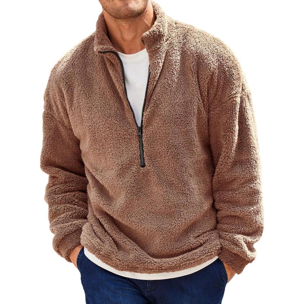 imageRuncati Mens Fuzzy Sherpa Sweatshirt Quarter Zip Pullover Long Sleeve Winter Fall Fleece OutwearBrown