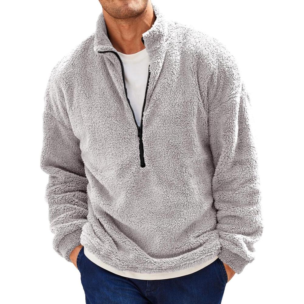 imageRuncati Mens Fuzzy Sherpa Sweatshirt Quarter Zip Pullover Long Sleeve Winter Fall Fleece OutwearGray