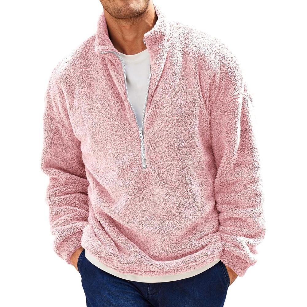 imageRuncati Mens Fuzzy Sherpa Sweatshirt Quarter Zip Pullover Long Sleeve Winter Fall Fleece OutwearPink