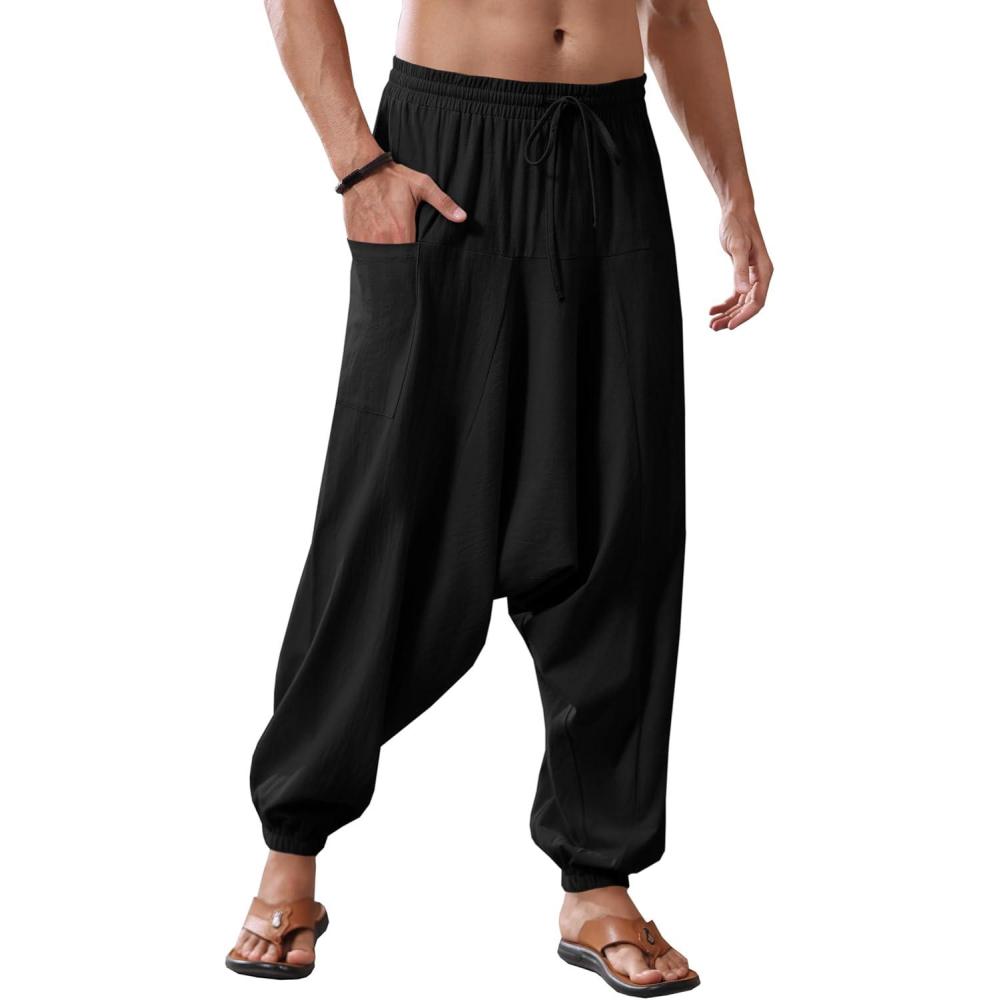 imageRuncati Mens Harem Pants Baggy Hippie Casual Cotton Linen Loose Boho Yoga Beach Drop Crotch TrouserBlack