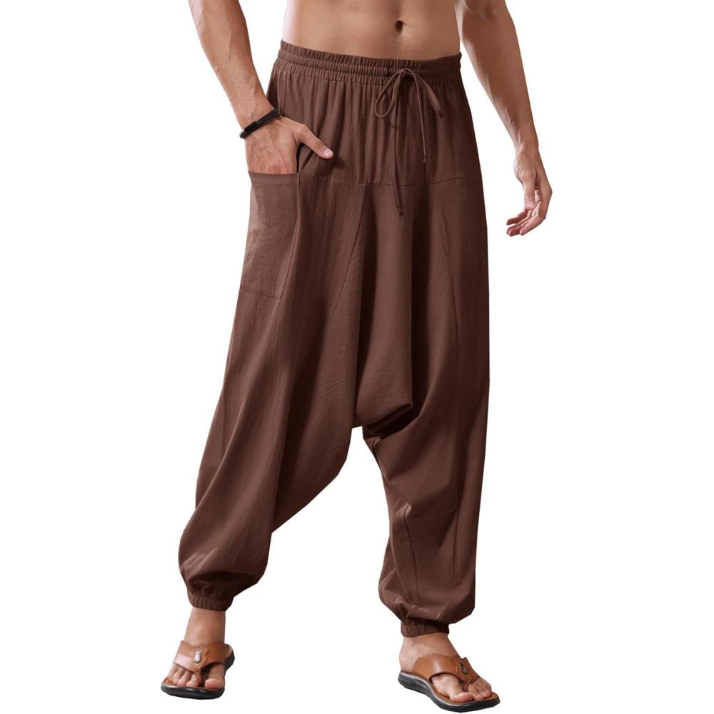 imageRuncati Mens Harem Pants Baggy Hippie Casual Cotton Linen Loose Boho Yoga Beach Drop Crotch TrouserBrown
