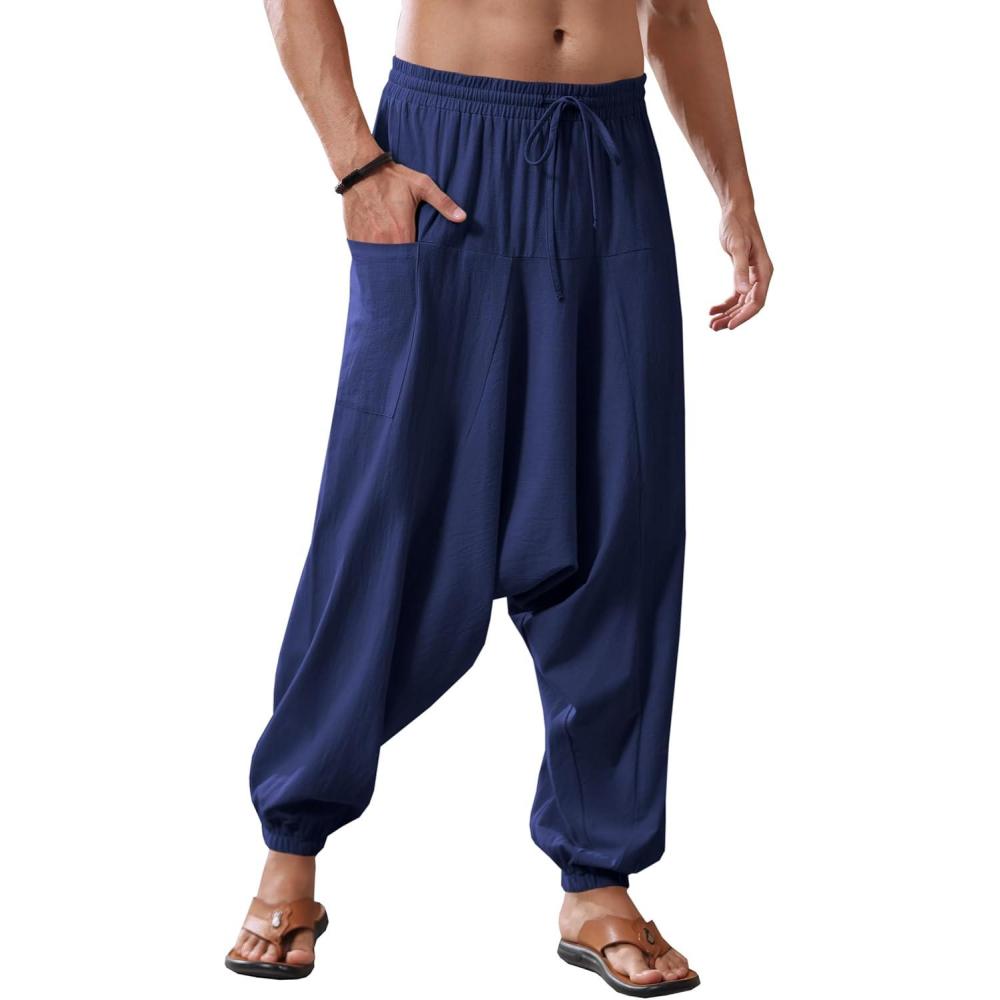 imageRuncati Mens Harem Pants Baggy Hippie Casual Cotton Linen Loose Boho Yoga Beach Drop Crotch TrouserNavy