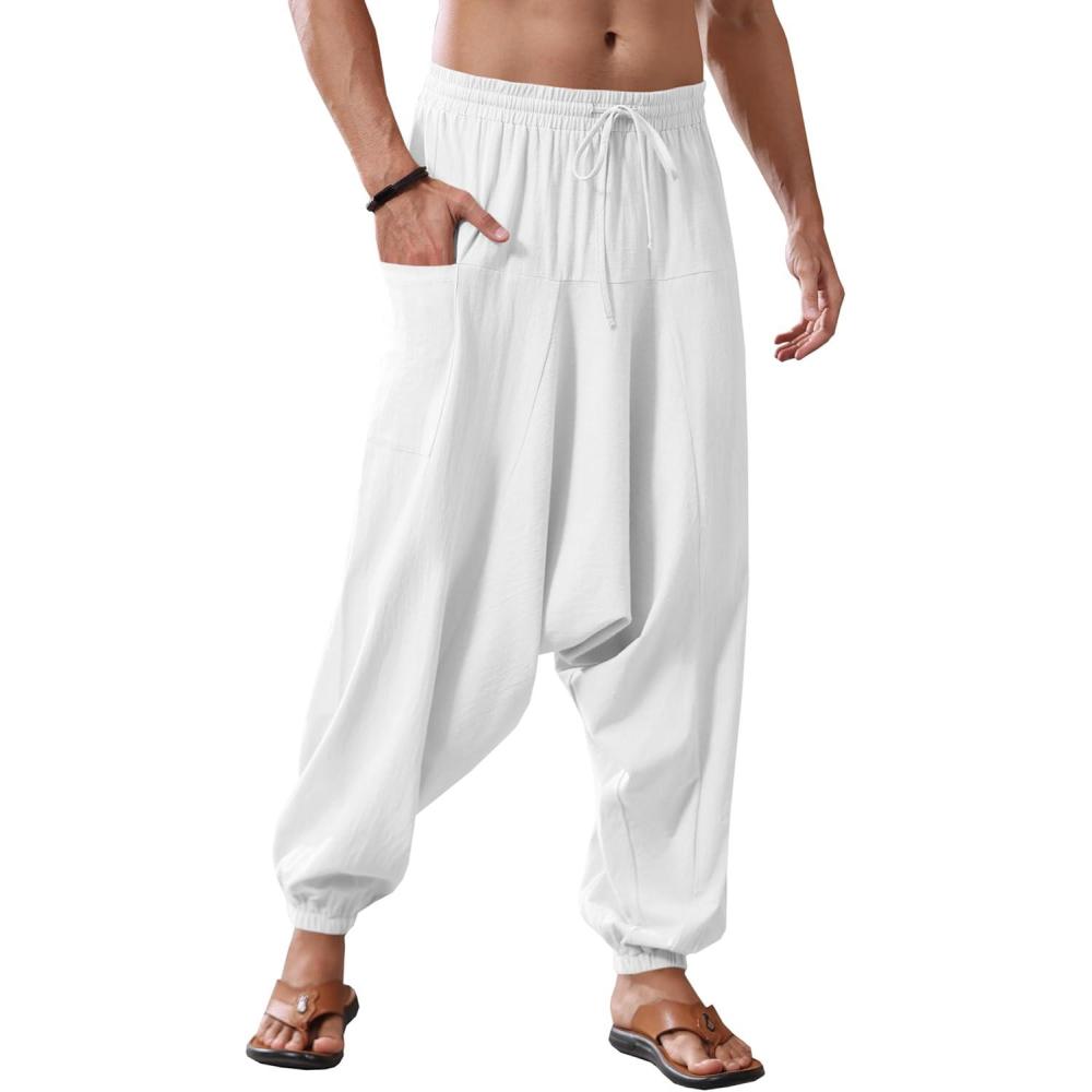 imageRuncati Mens Harem Pants Baggy Hippie Casual Cotton Linen Loose Boho Yoga Beach Drop Crotch TrouserWhite