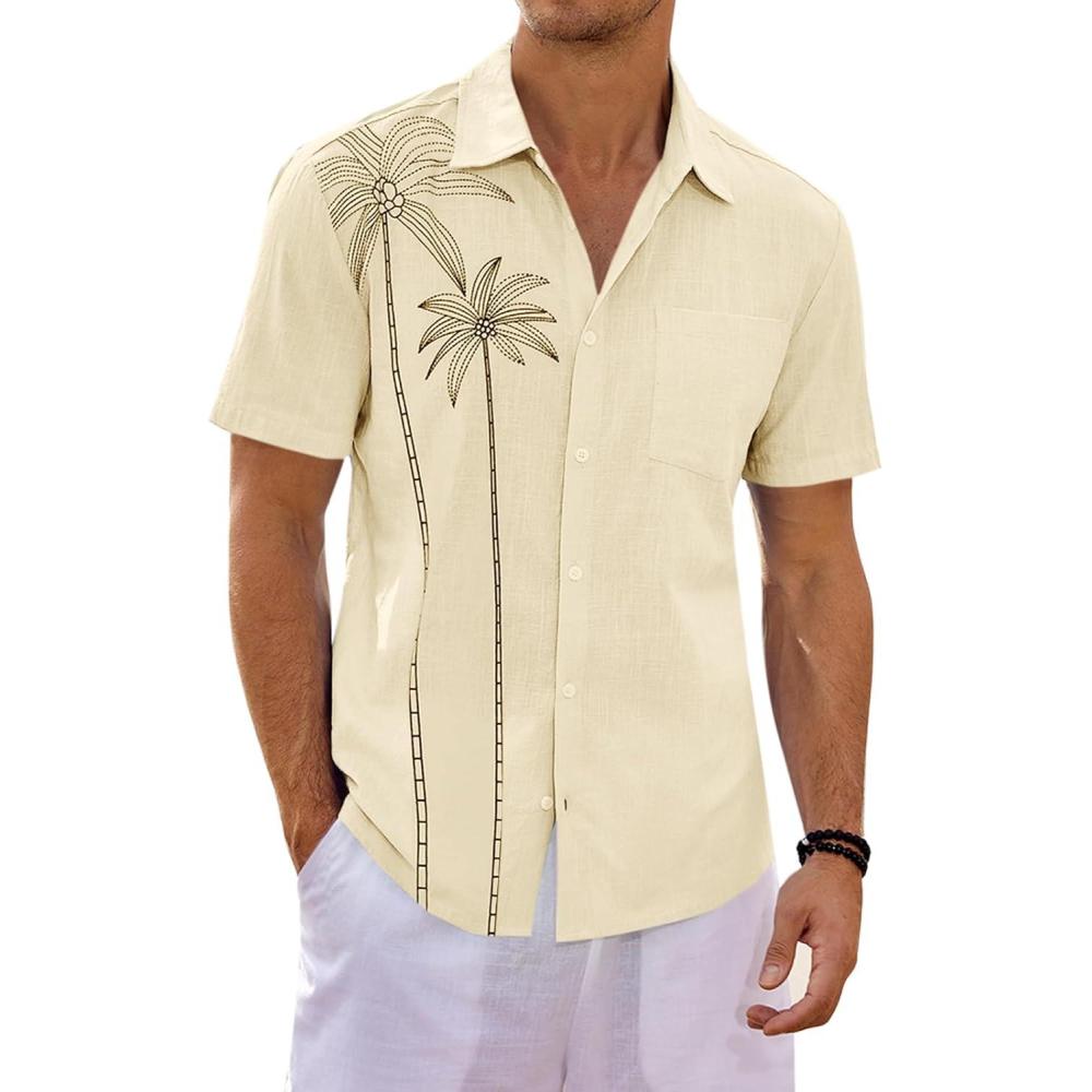 imageRuncati Mens Hawaiian Shirt Short Sleeve Button Down Summer Beach Vacation Cotton Linen ShirtsBeige