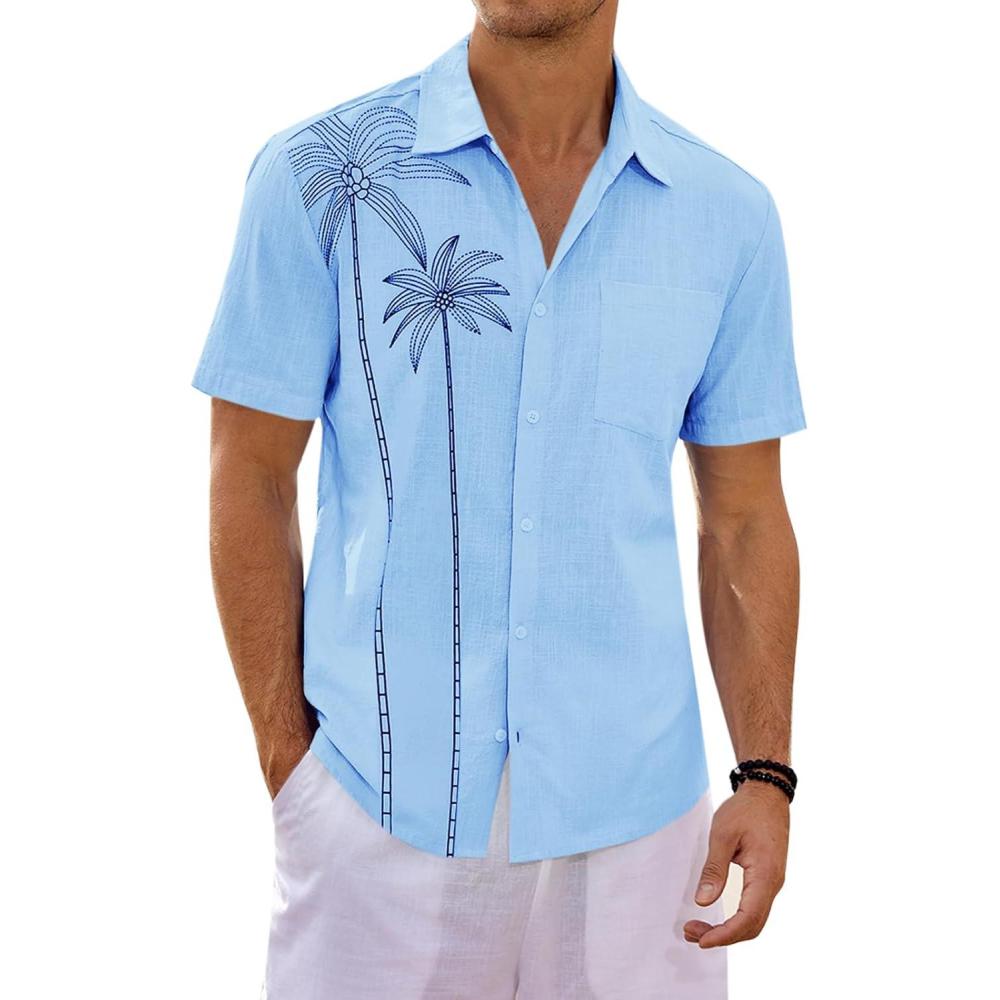 imageRuncati Mens Hawaiian Shirt Short Sleeve Button Down Summer Beach Vacation Cotton Linen ShirtsBlue