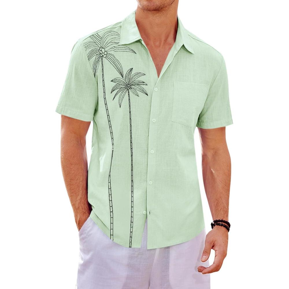 imageRuncati Mens Hawaiian Shirt Short Sleeve Button Down Summer Beach Vacation Cotton Linen ShirtsMint Color