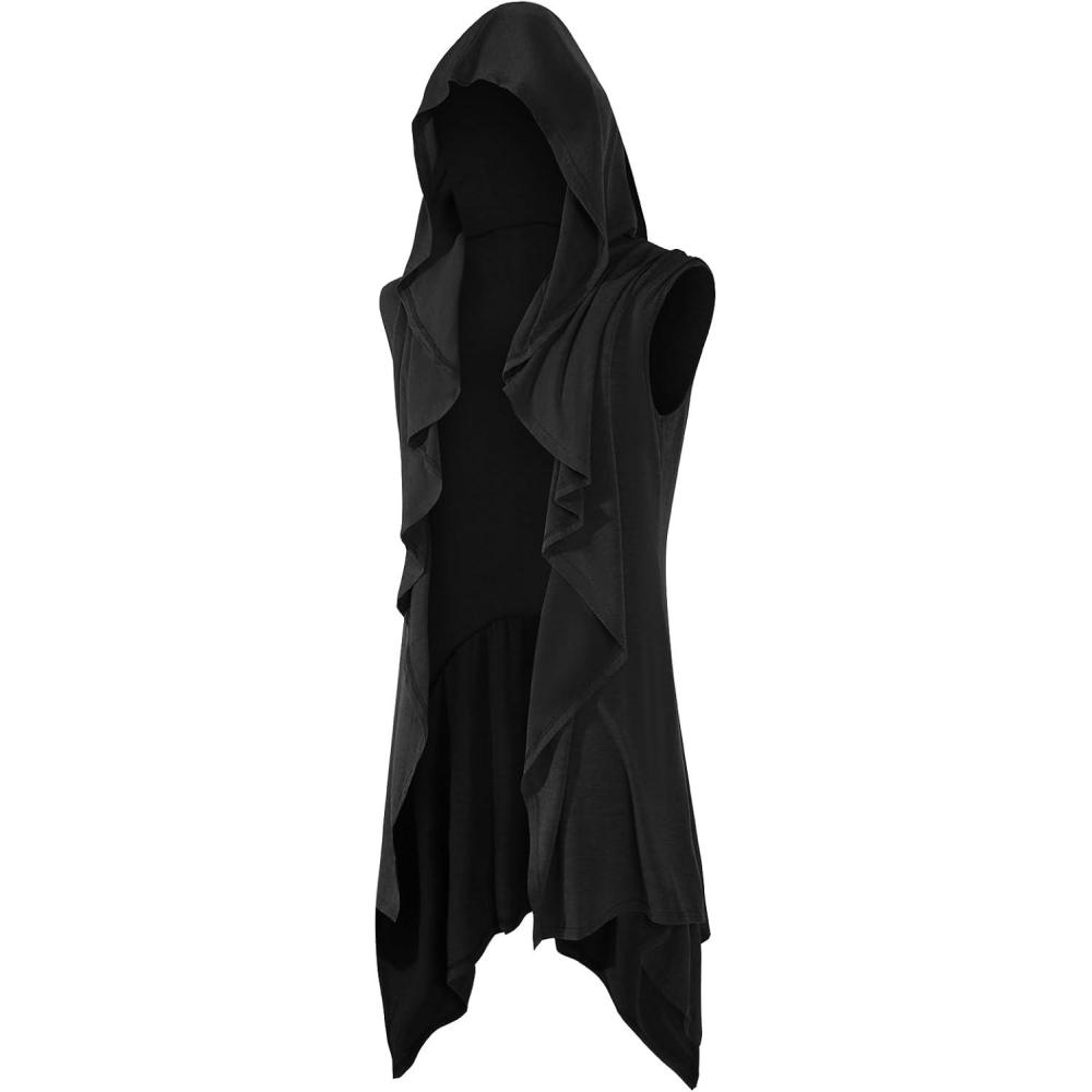imageRuncati Mens Hooded Cardigan Sleeveless Ruffle Shawl Collar Open Front Knit Drape RobeBlack