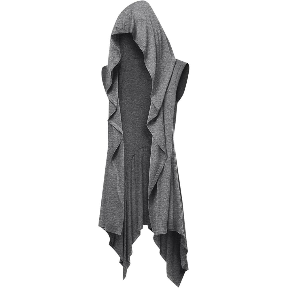 imageRuncati Mens Hooded Cardigan Sleeveless Ruffle Shawl Collar Open Front Knit Drape RobeDark Grey