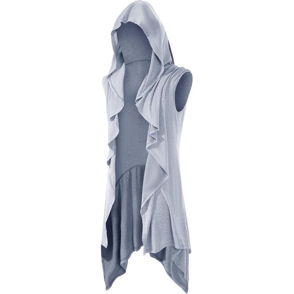 imageRuncati Mens Hooded Cardigan Sleeveless Ruffle Shawl Collar Open Front Knit Drape RobeGrey
