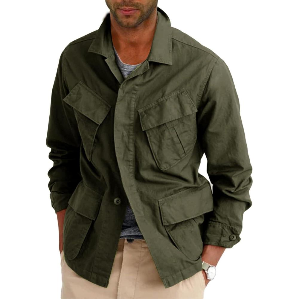 imageRuncati Mens Lightweight Safari Jacket Button Up Cotton Outdoor Military Cargo Long Sleeve OutwearArmy Green