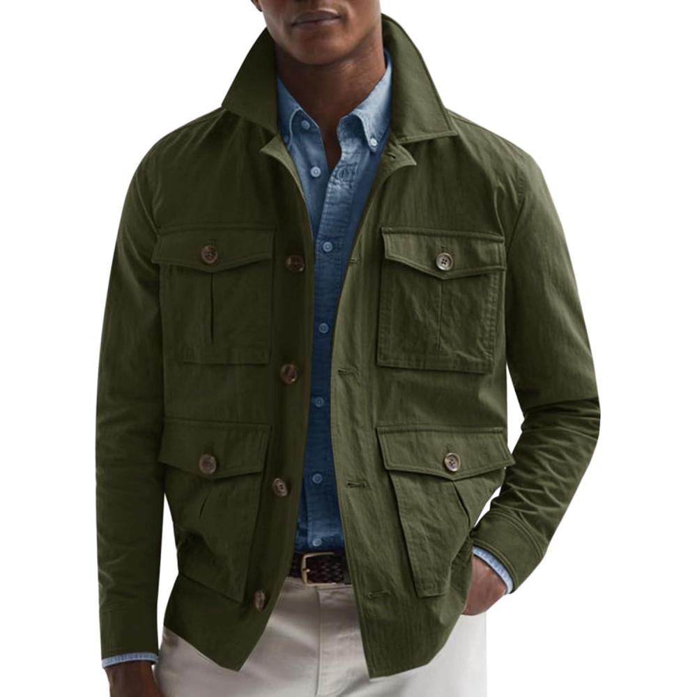 imageRuncati Mens Lightweight Safari Jacket Casual Button Up Jacket Windproof Work Coat with PocketsArmy Green