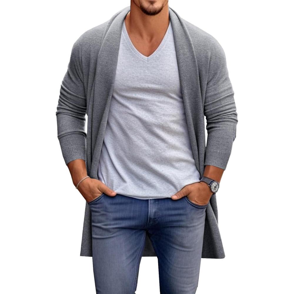 imageRuncati Mens Long Cardigan Sweater Casual Ruffle Shawl Collar Open Front Cardigan Knit Drape Cape Winter SweatersGray