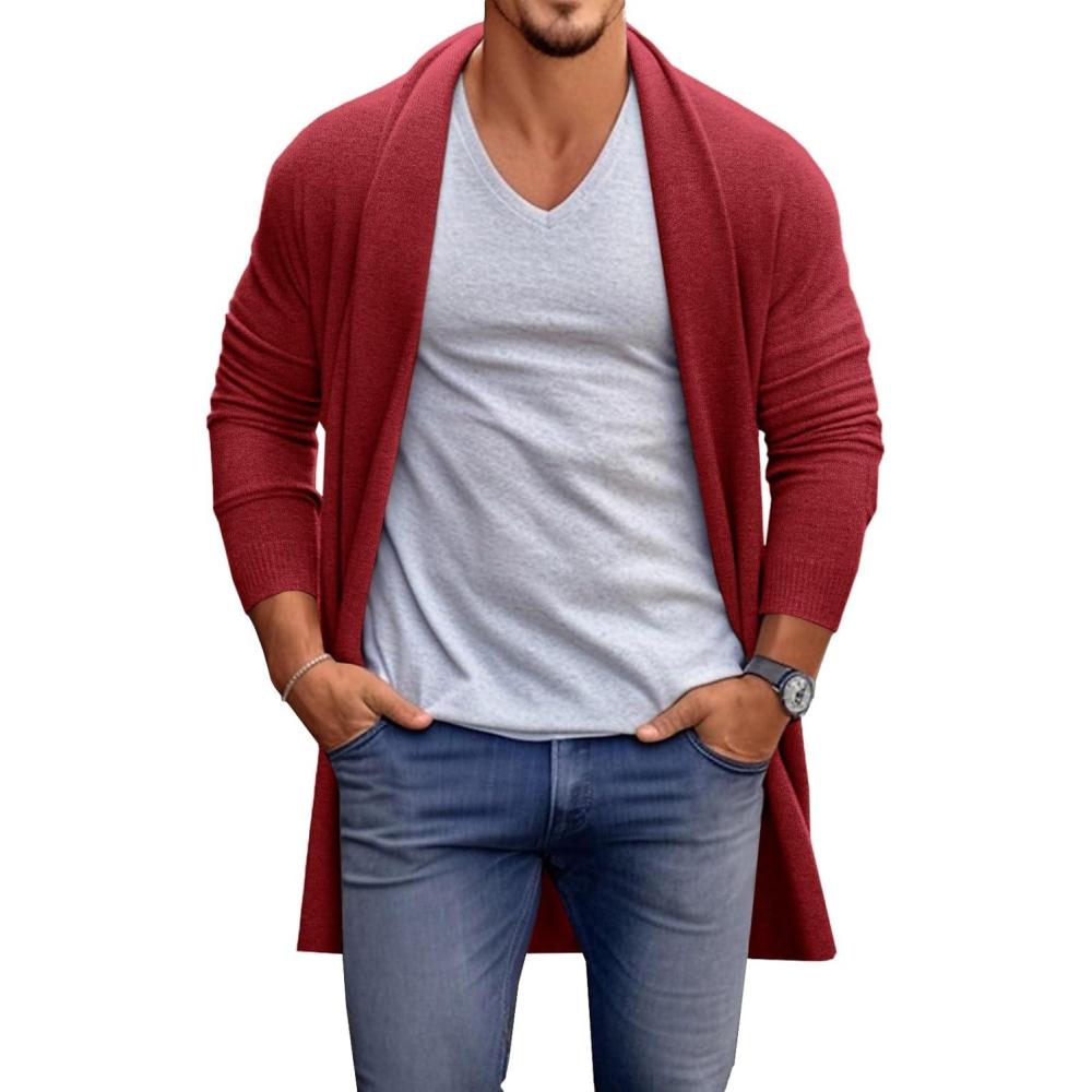 imageRuncati Mens Long Cardigan Sweater Casual Ruffle Shawl Collar Open Front Cardigan Knit Drape Cape Winter SweatersWine Red