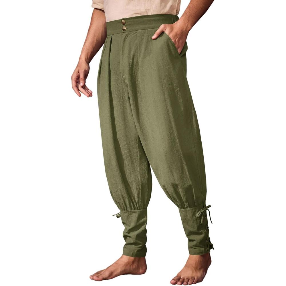 imageRuncati Mens Medieval Ankle Pants Renaissance Viking Pirate Pants Lace Up Cotton Tapered Halloween Costume TrousersArmy Green